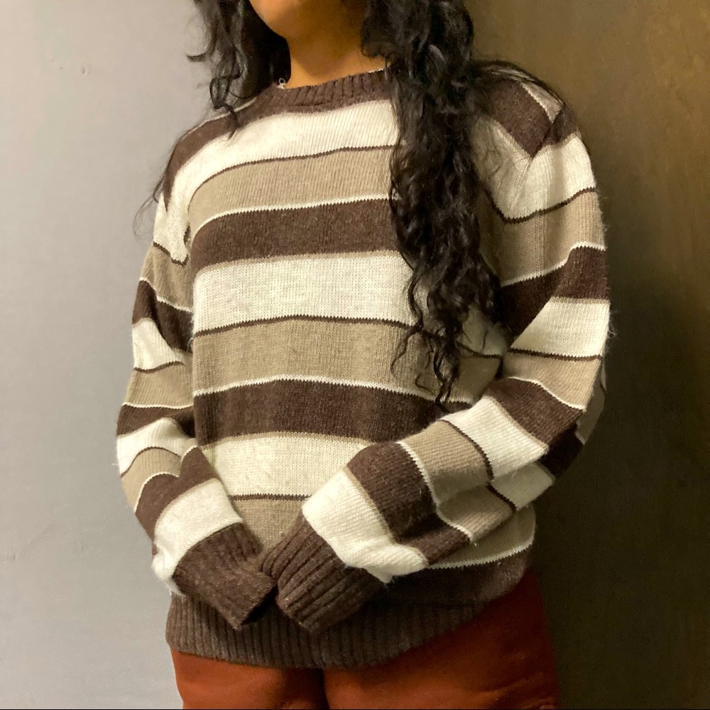 Brown, striped, loose fitting crew neck.